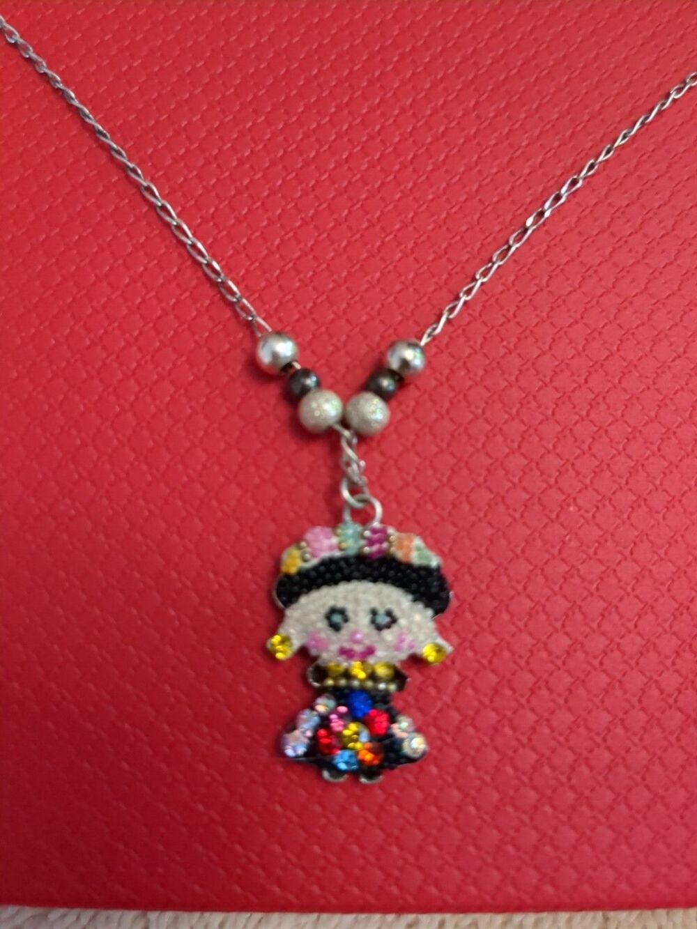 Sterling Silver Vintage Frida Kahlo Crystal Beaded Pendant Necklace